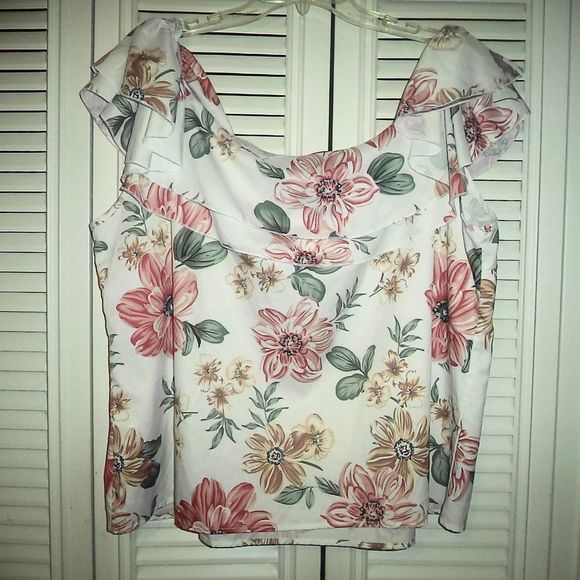 SHEIN CURVE WHITE FLORAL TOP OFF SHOULDER RUFFLED TANK-WOMENS SIZE 3XL - Picture 4 of 5